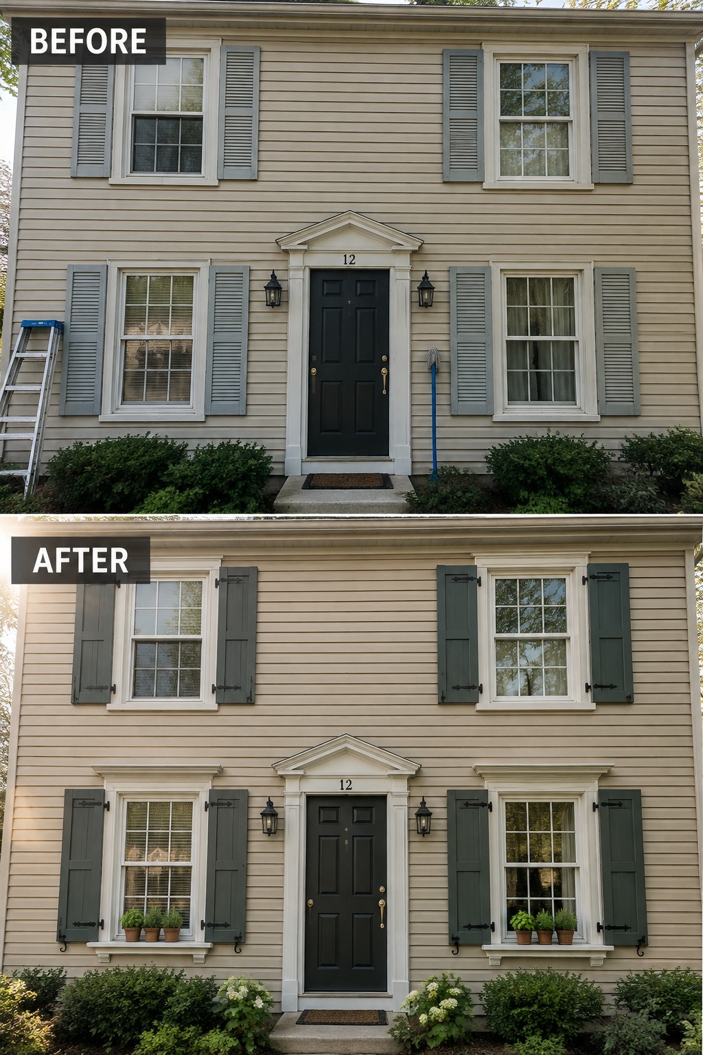 Before-and-after image of a two-story colonial house with beige siding showing shutters repainted from gray to dark green and window boxes added to the first-floor windows.