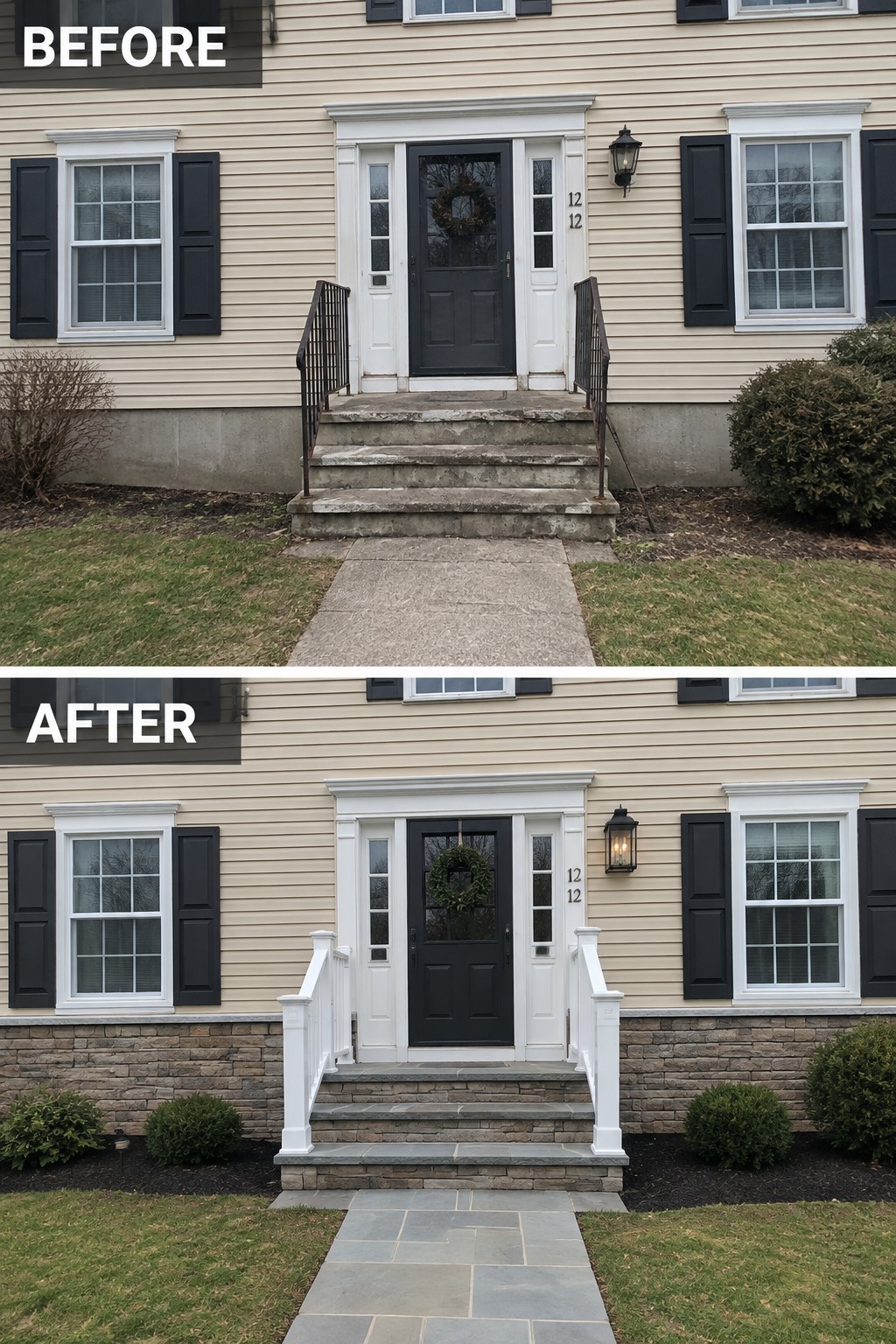 Before-and-after image of a beige colonial home exterior with concrete steps and metal railings replaced by stone steps and white railings.