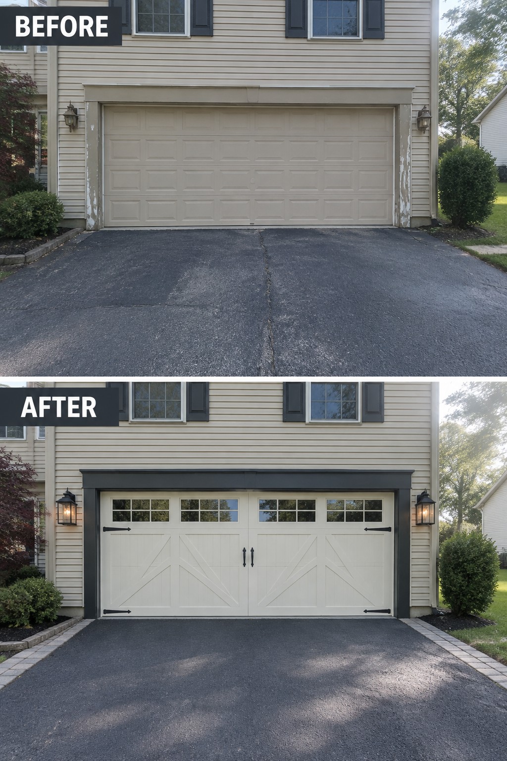 Before-and-after image of a beige garage door and plain exterior updated with white carriage-style doors, dark trim, and new lighting.