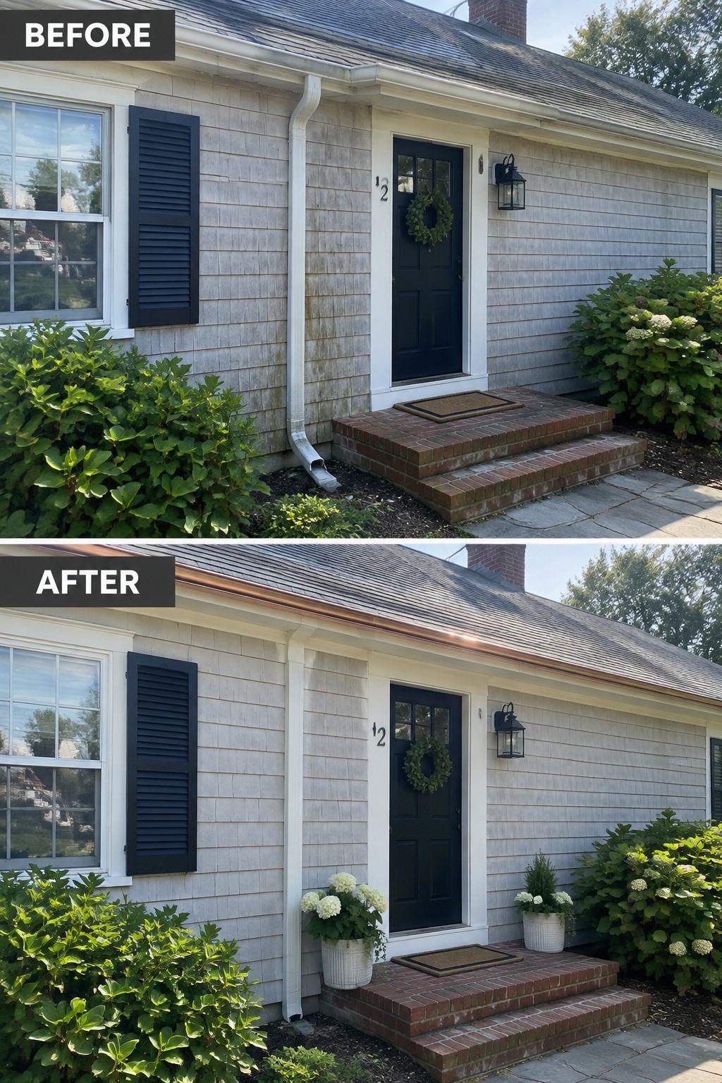 Before and after house entrance with new copper gutters and potted plants.