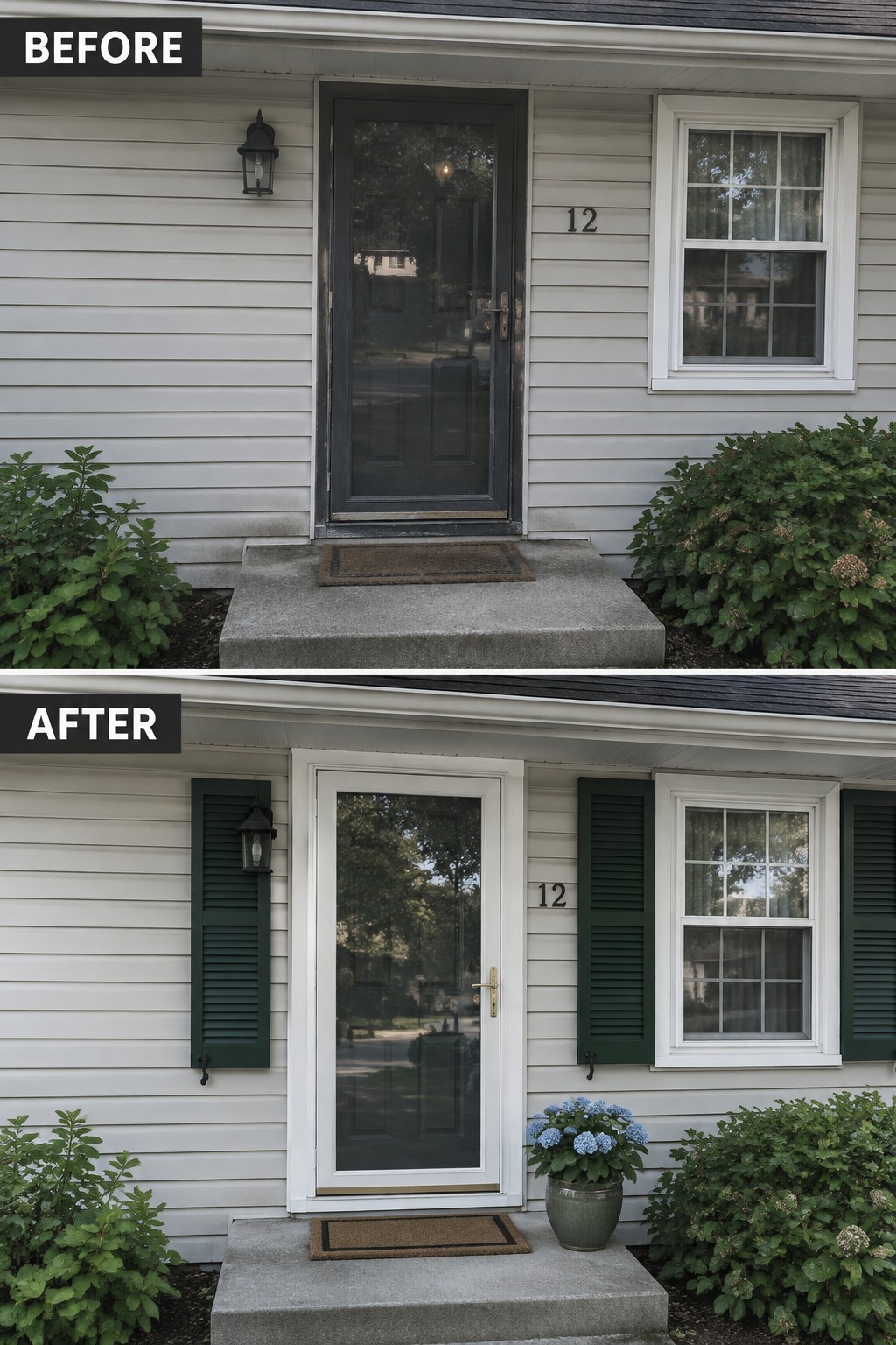 Before-and-after image of a house entry updated with dark green shutters flanking the door and window, plus a white door frame and a potted plant on the step.