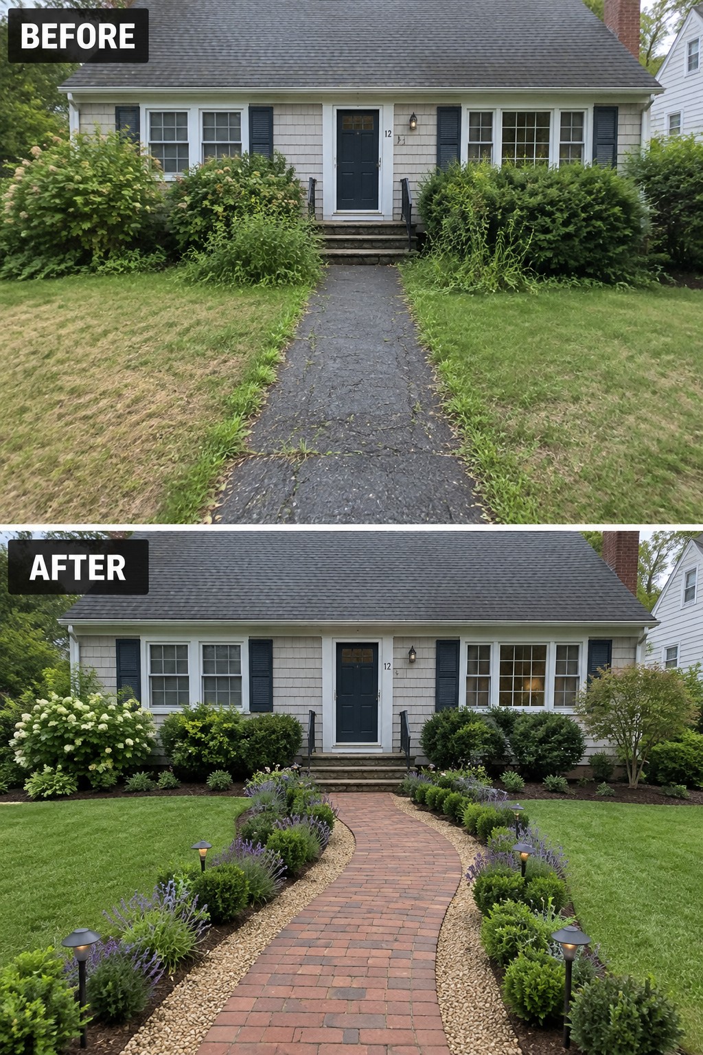 Before and after house entrance: cracked asphalt path replaced by brick walkway with landscaping