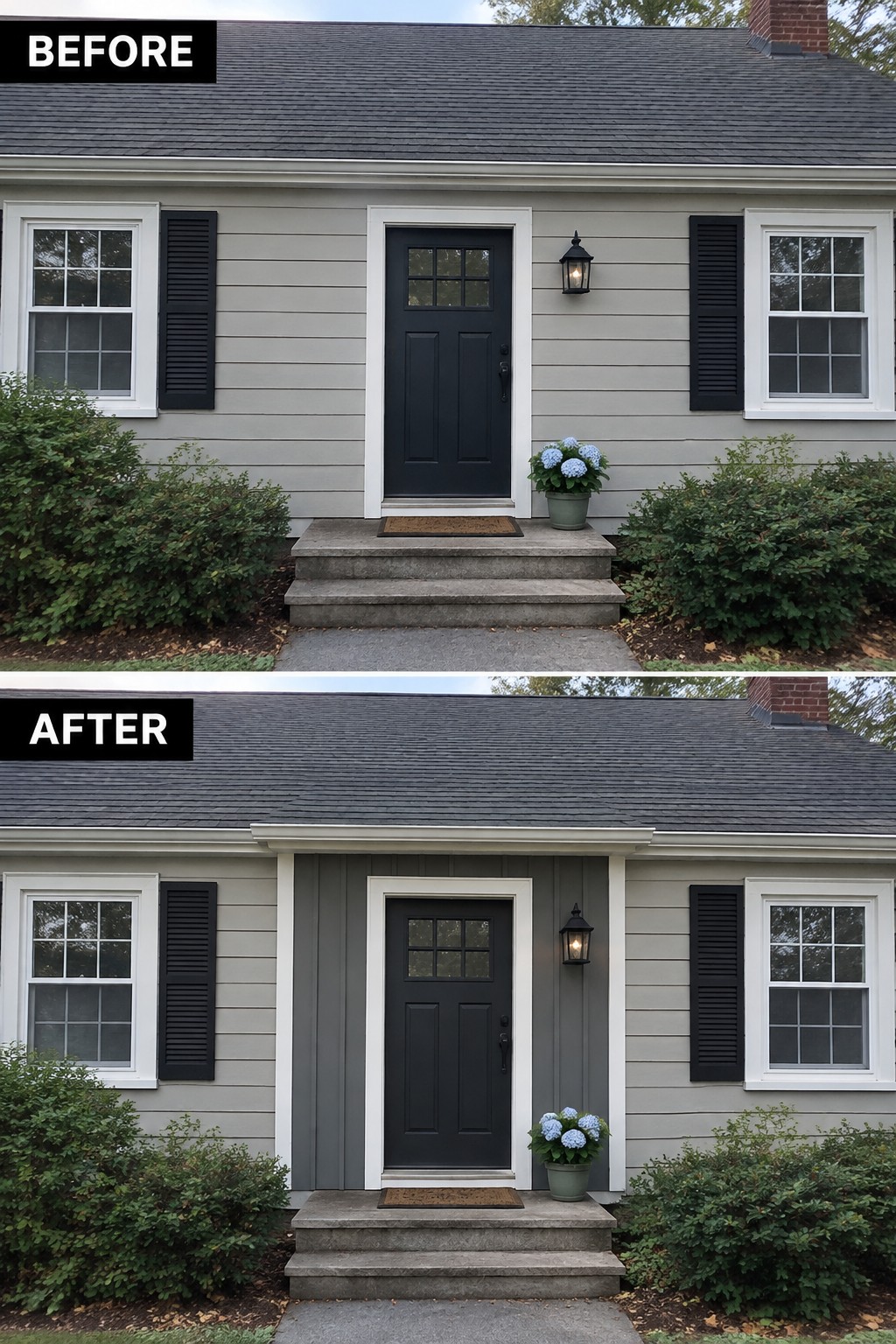 Before-and-after image of a Cape Cod home exterior showing the front entry updated with a dark gray vertical siding accent panel framing the door.
