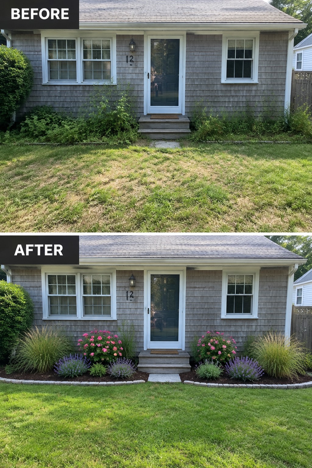Before and after of gray house with new pink flower bed landscaping.