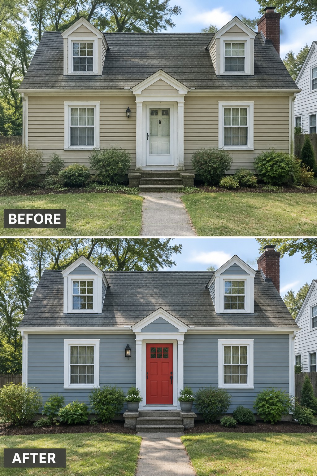 Before-and-after house exterior: beige siding with white door changed to blue with red door