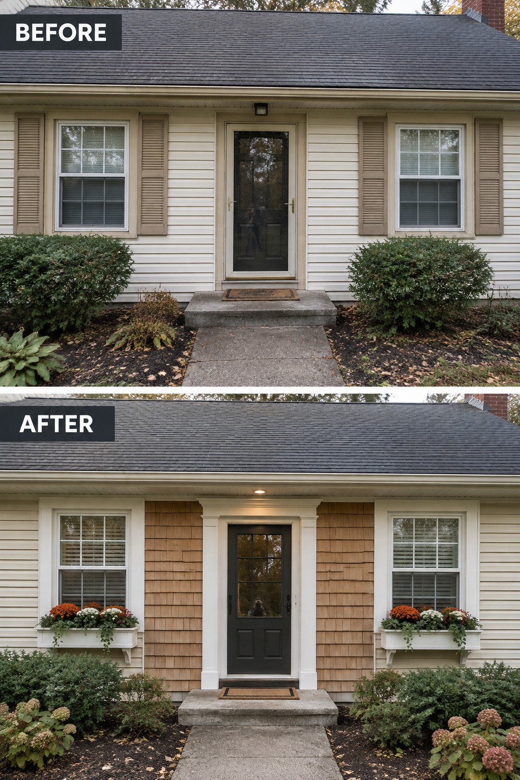 Before-and-after view of house entrance with new siding, black door, and flower boxes.