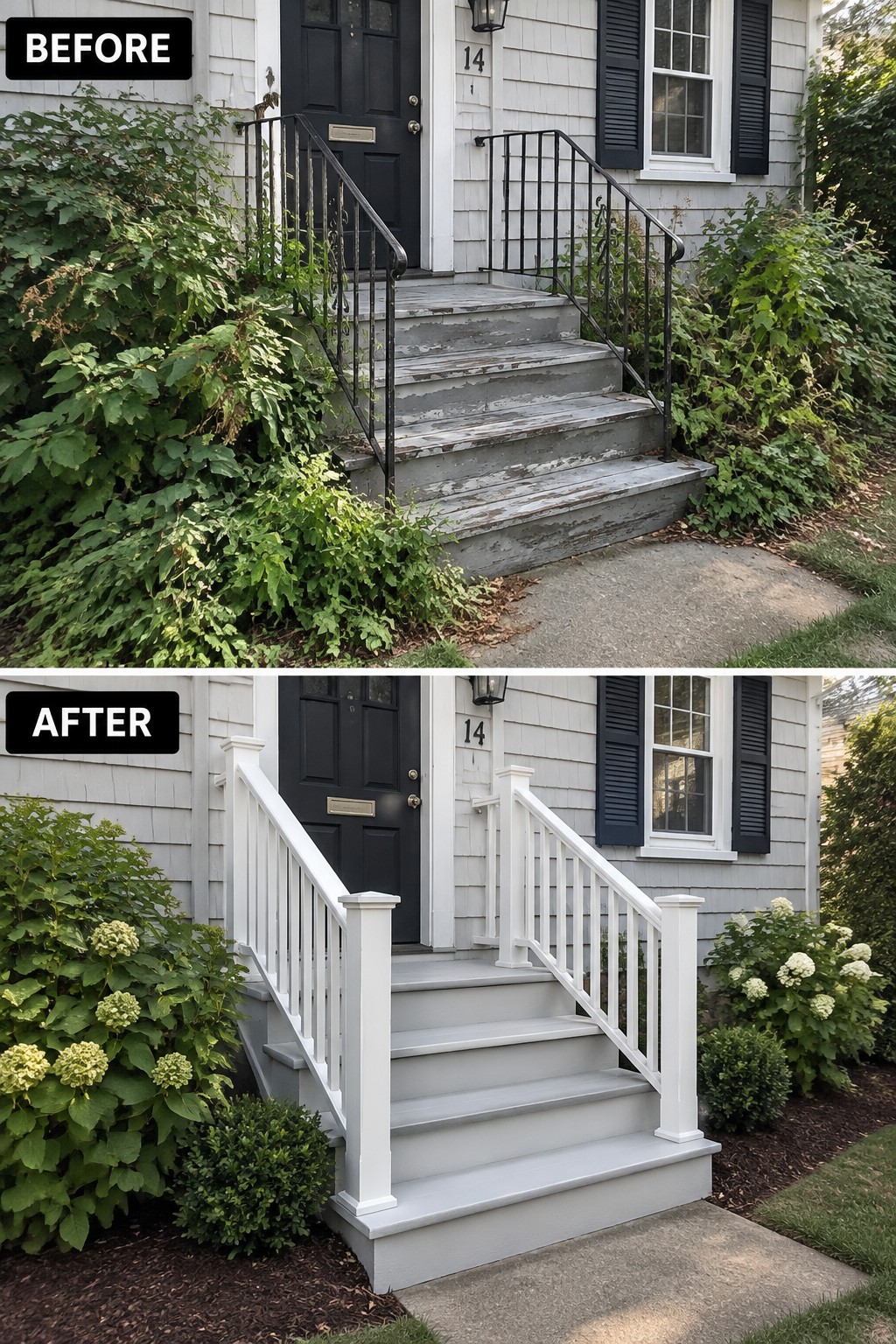 Before and after of gray front steps with black metal railings replaced by white wooden ones.