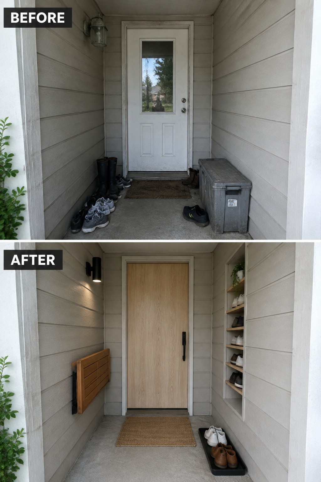 Before-and-after entryway with scattered shoes transformed into organized wooden shelves and bench