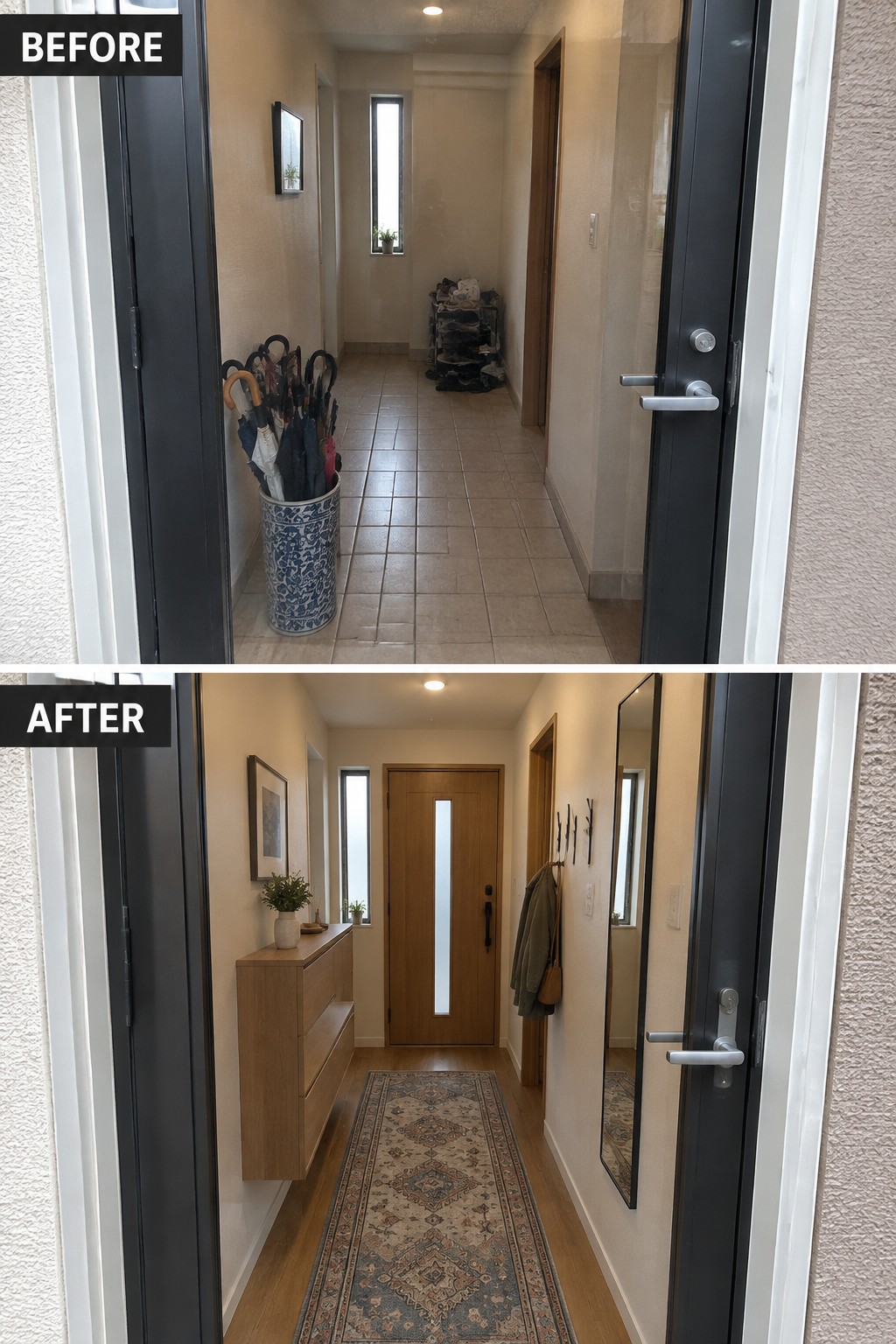 Before and after of a cluttered tiled hallway transformed into an organized modern entryway.