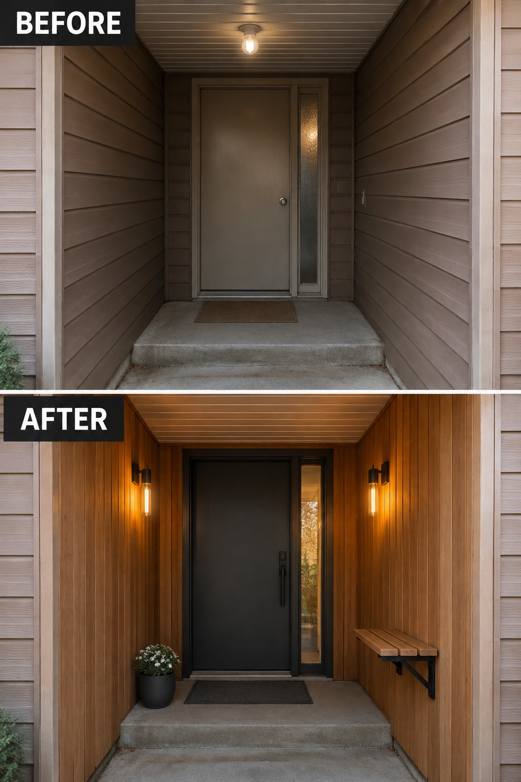 Before-and-after image of a narrow front entry changed from basic siding and a single overhead light to wood siding, a black door, wall sconces, a bench, and a potted plant.