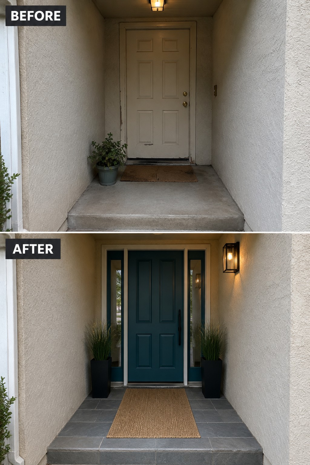 Before-and-after image of a narrow front entry updated with a dark teal door, gray tile flooring, matching black planters, and a woven doormat.