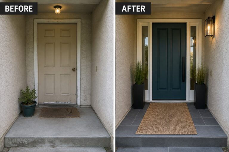 Before-and-after image of a narrow front entry updated with a dark teal door, gray tile flooring, matching black planters, and a woven doormat.