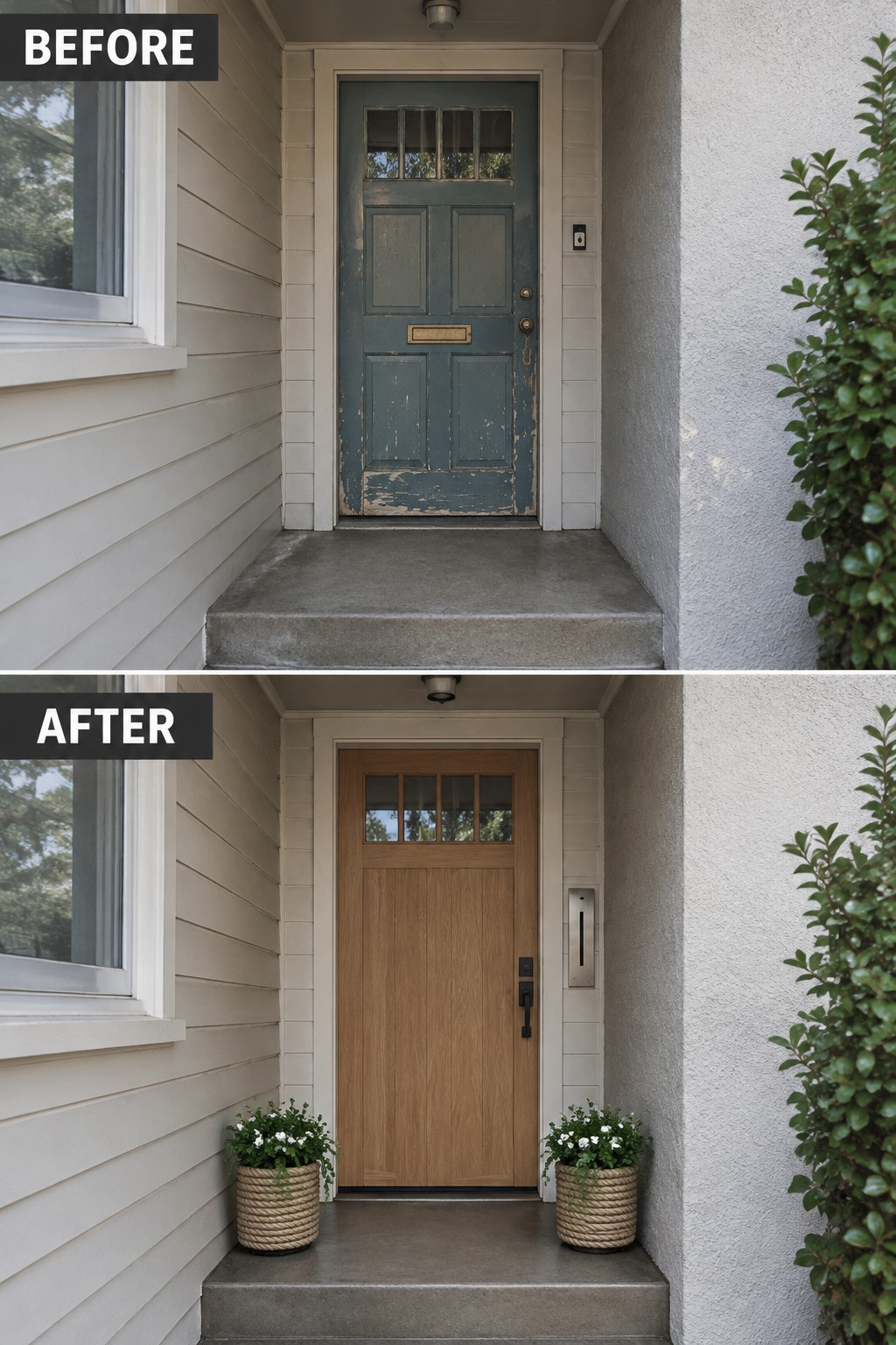 Before-and-after image of a front entry showing a worn blue door replaced with a new wood door and two matching planters added on the steps.