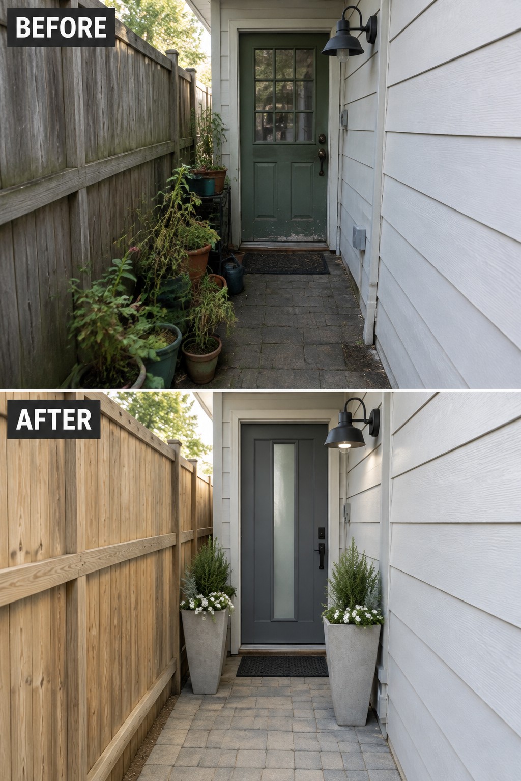 Before and after of entryway makeover with new gray door and planters