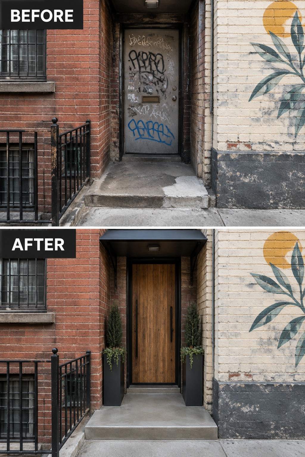 Before and after of graffiti-covered door transformed into modern wood entrance with planters and awning.
