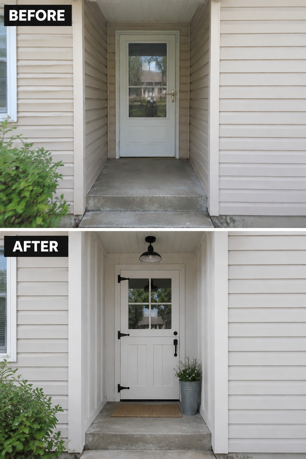 Before and after of white door with black hardware, new light, mat, and potted plant.
