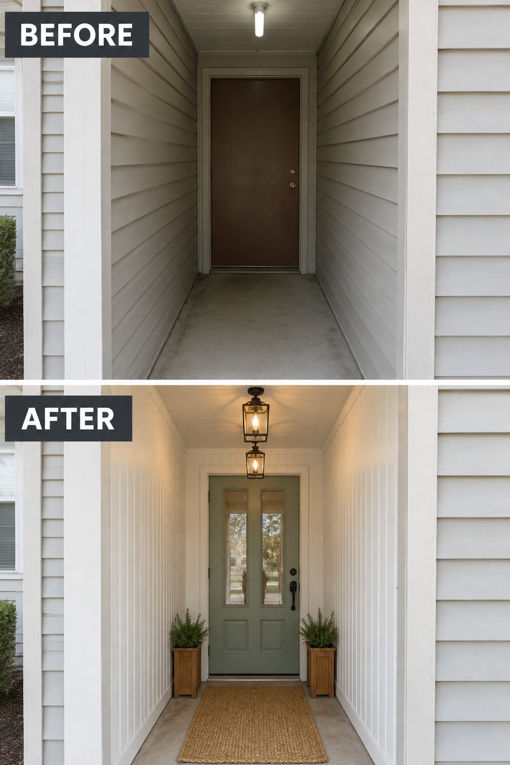 Before-and-after image of a narrow front entry updated with a sage green door, two hanging lights, flanking planters, and a woven rug.