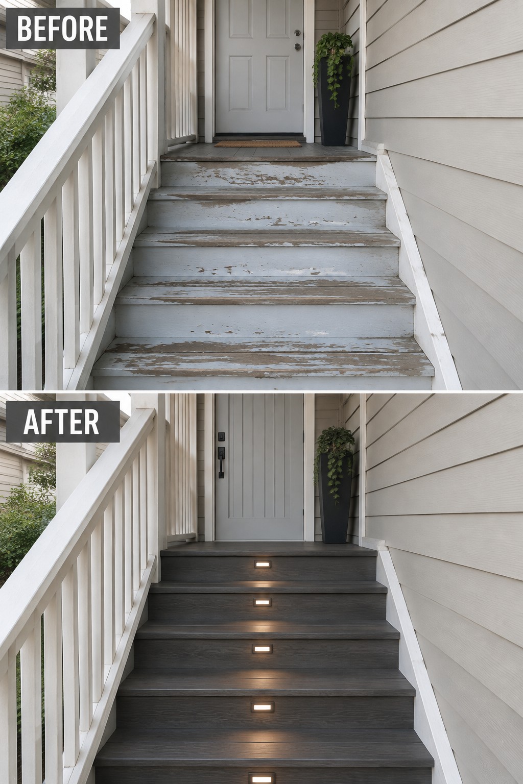 Before-and-after porch stairs: peeling blue paint above, dark wood with LED step lights below.