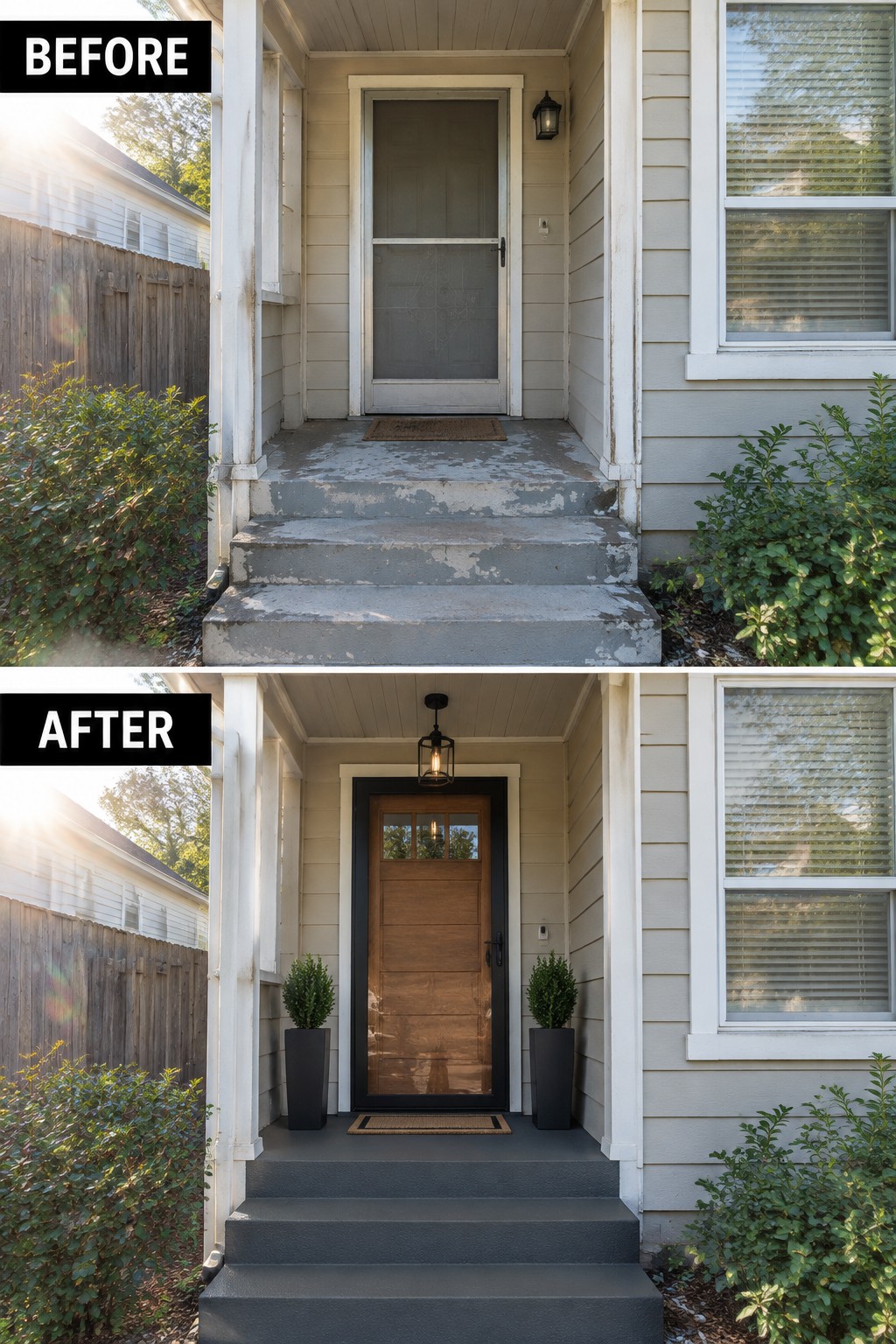 Before-and-after image of a front entry showing an old screen door and peeling concrete steps changed to a new wooden door with black trim and two potted plants beside the steps.