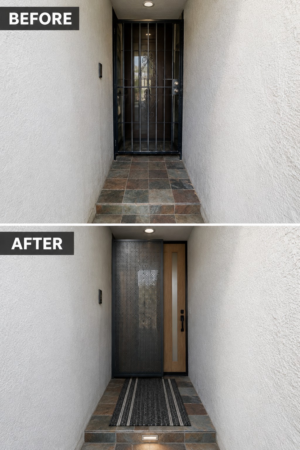 Before and after of narrow entryway with new wood door and perforated metal screen