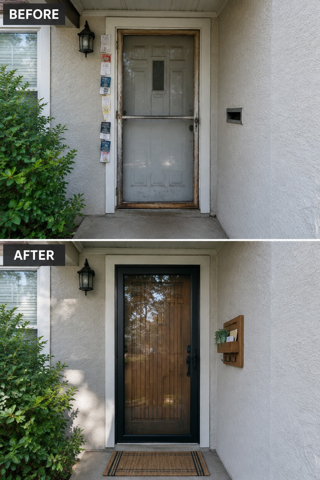Before and after of old screen door replaced by modern wooden entry door.