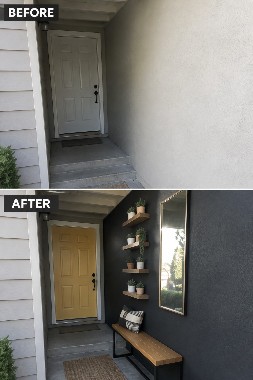 Before and after entryway with yellow door, black wall, shelves and bench