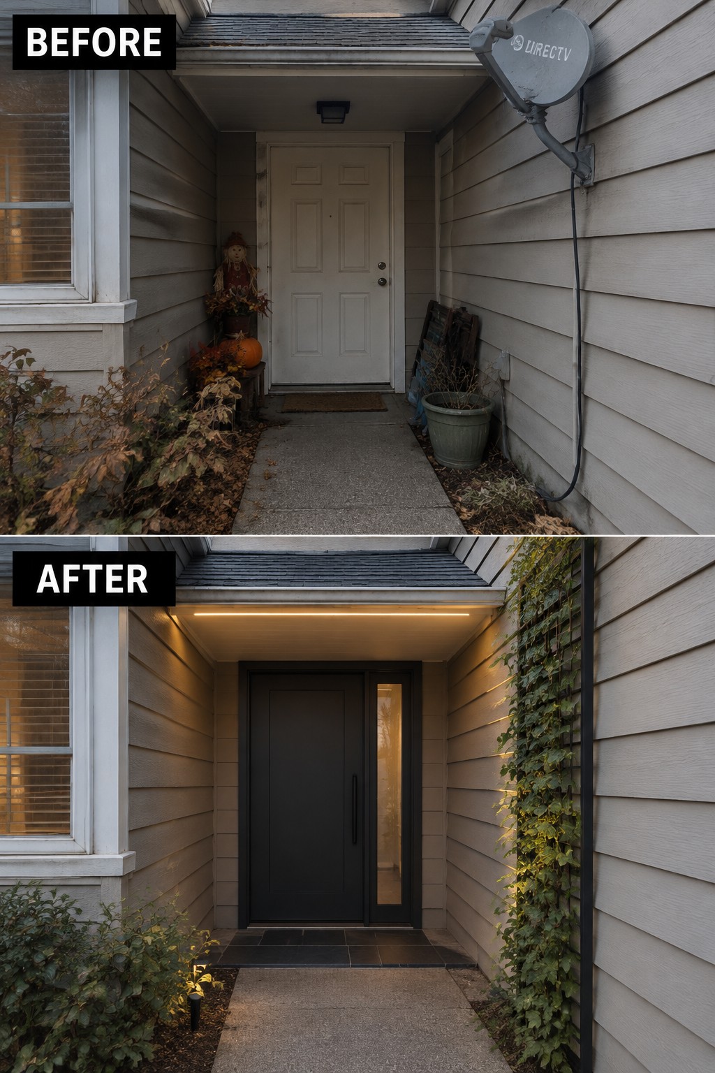 Before-and-after image of a narrow front entry showing a white door and scattered decor changed to a dark door with a vertical ivy trellis and under-eave lighting.