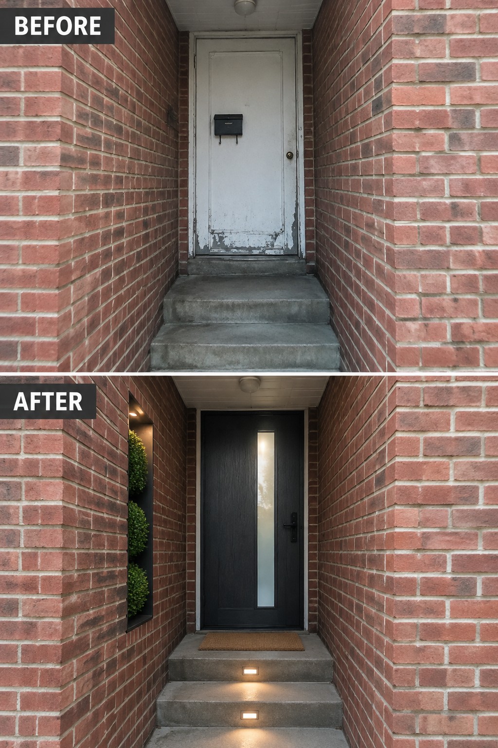Before and after of brick entryway with white door replaced by modern black door.