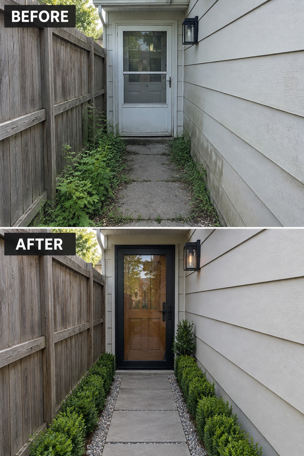 Before-and-after view of side entrance with new black door and trimmed shrubs.