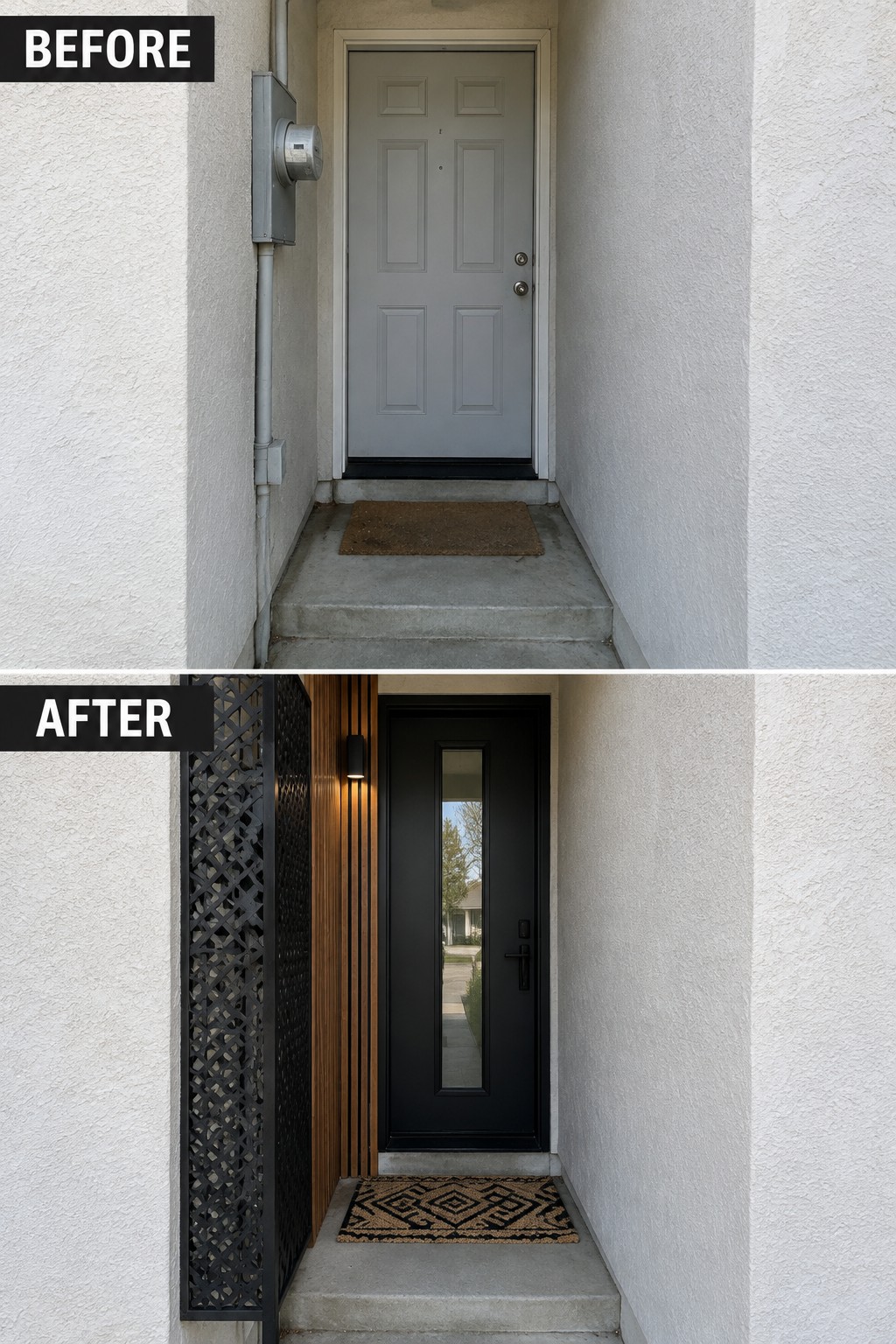 Before gray six-panel door and after modern black door with wood accents and screen.