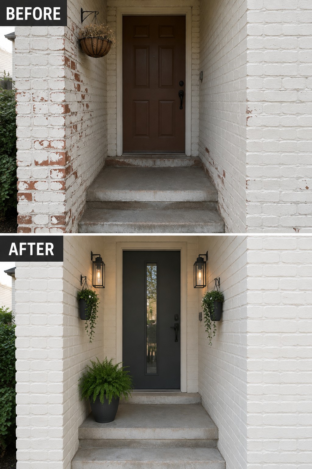 Before-and-after image of a narrow front entry with a brown door changed to a dark gray door with black lanterns and added potted plants.