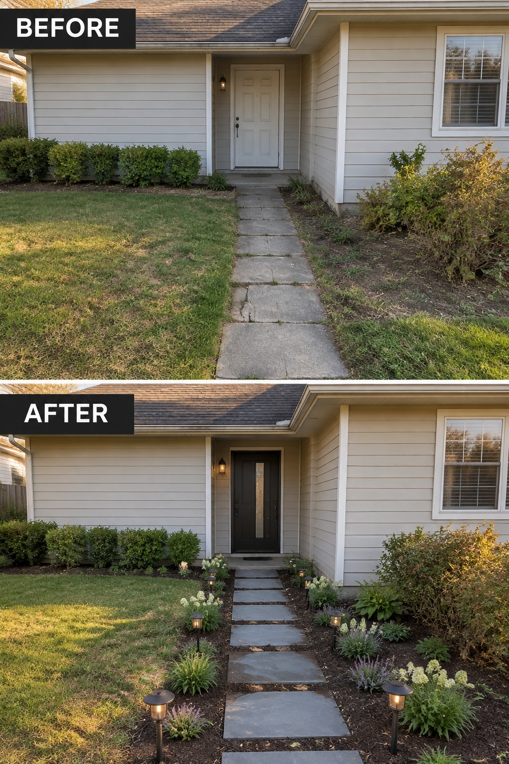 Before-and-after image of a front entry showing a white door replaced by a dark door with glass, and a plain walkway updated with new planting beds and path lights.