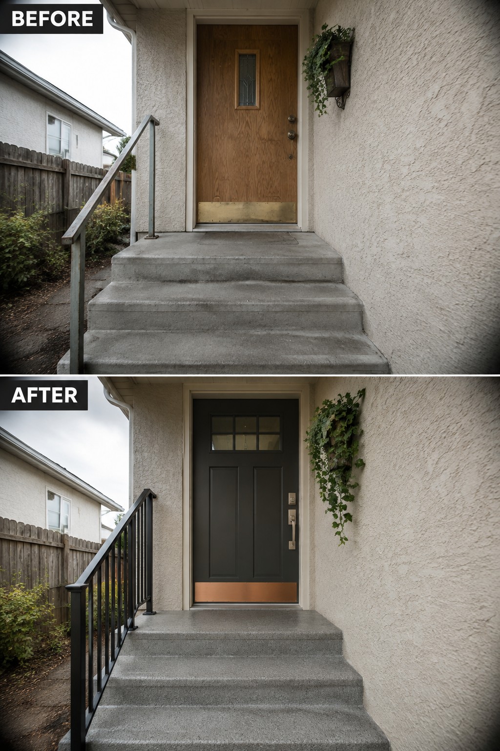 Before and after porch with new black door, railing, and copper kickplate
