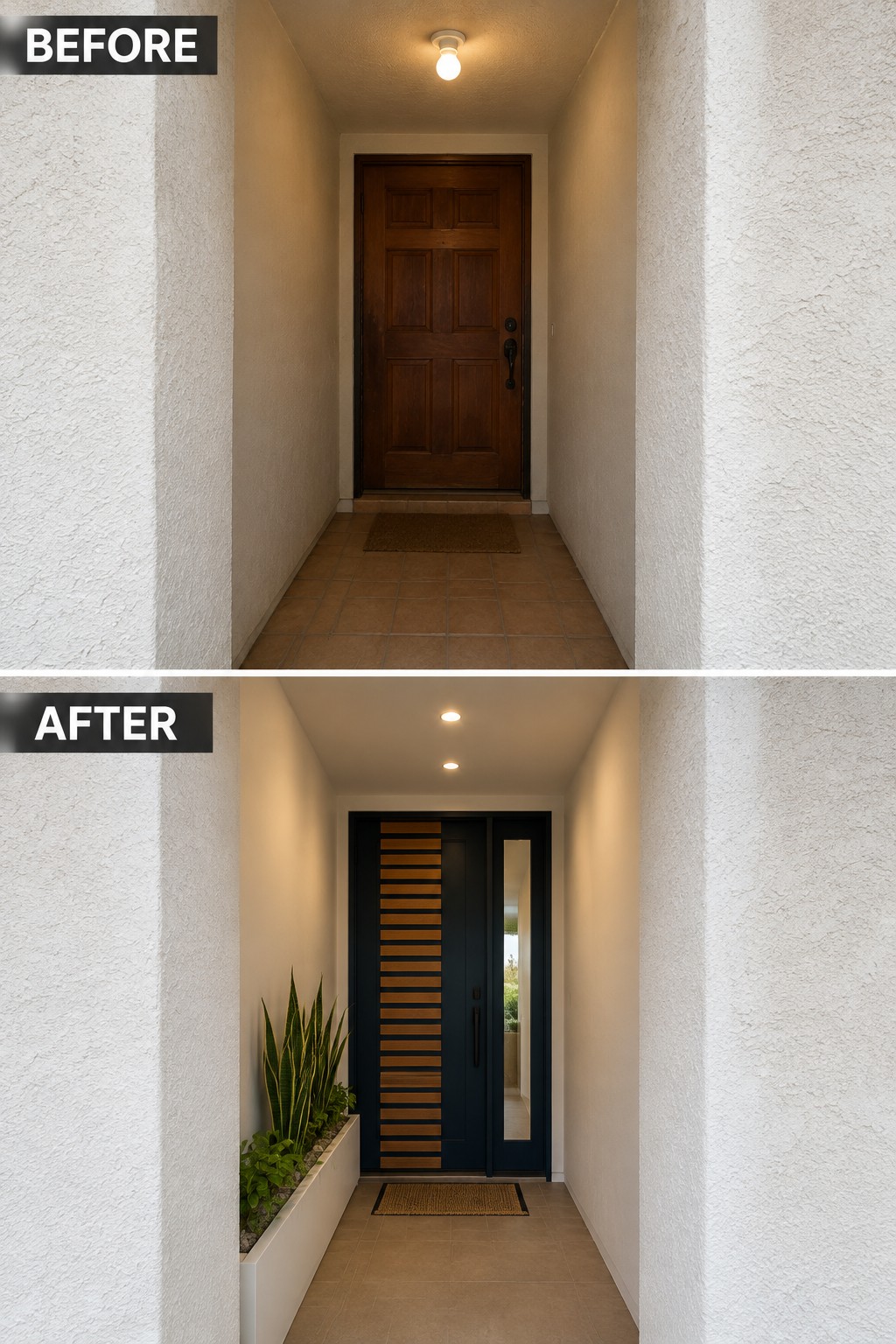 Before and after entryway with wooden door replaced by modern dark door and plants.