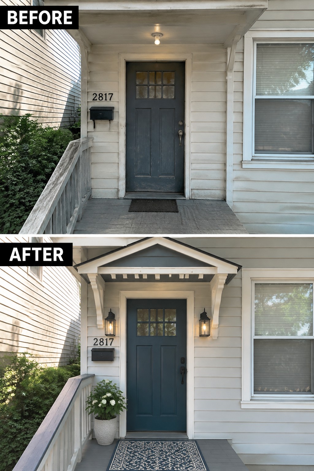 Before-and-after image of a front entry updated with a new gabled roof overhang, side lanterns, and a patterned doormat.