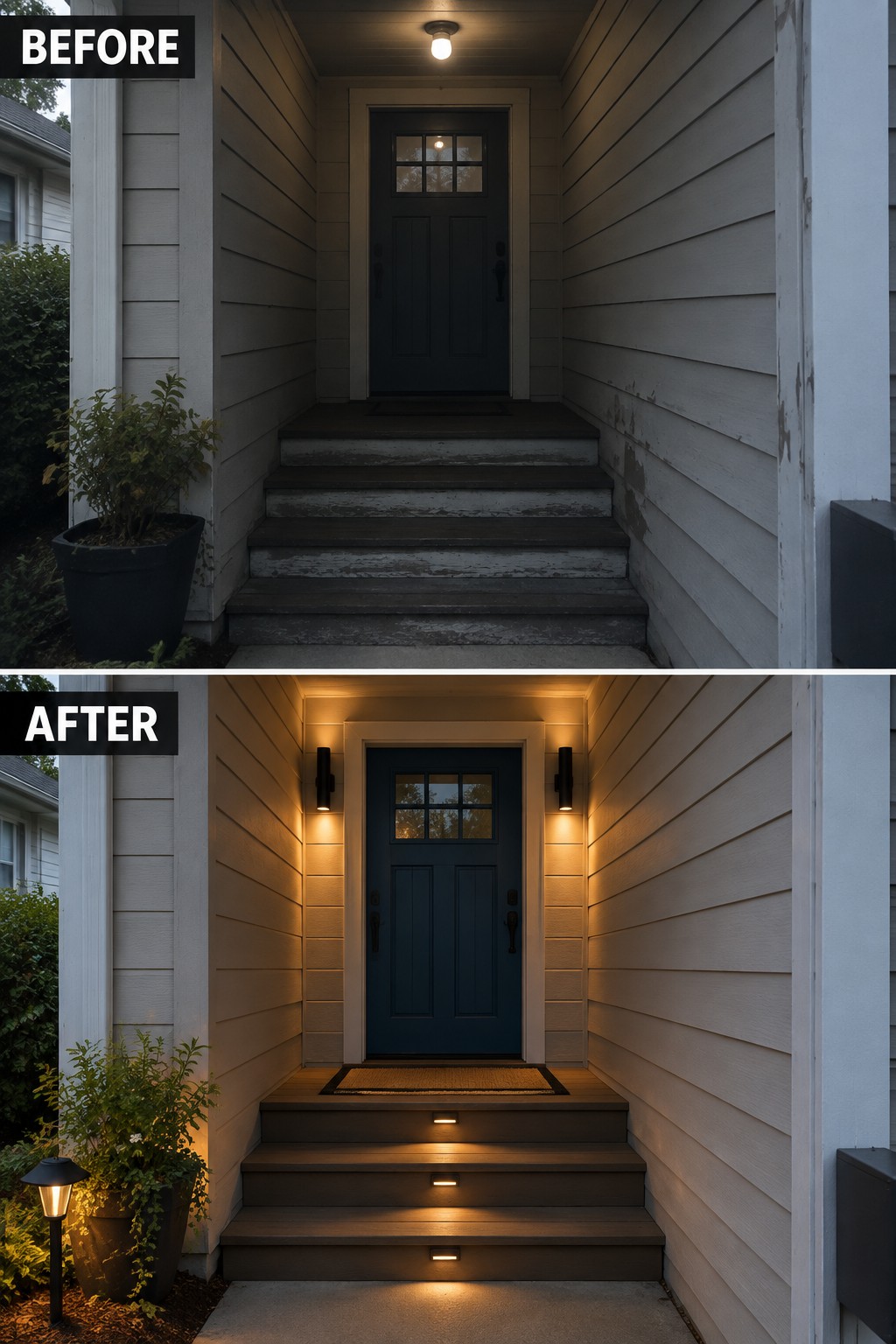 Before and after of a front porch with added sconces, step lights, and plants.