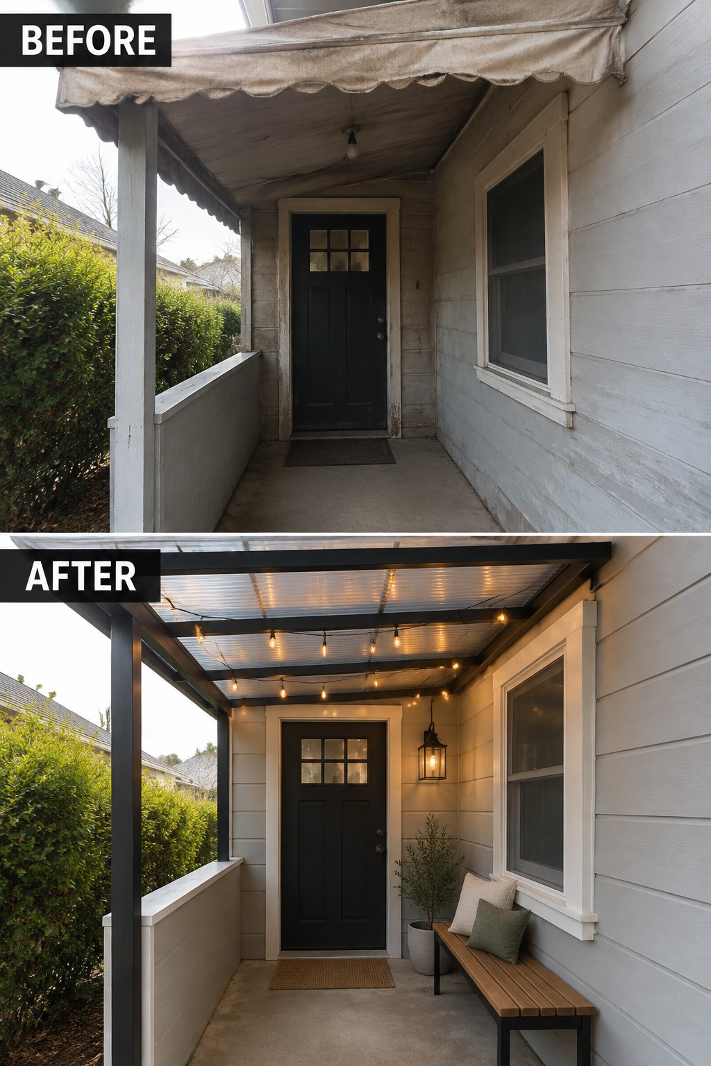 Before-and-after porch renovation: faded awning replaced by modern lit canopy with bench.