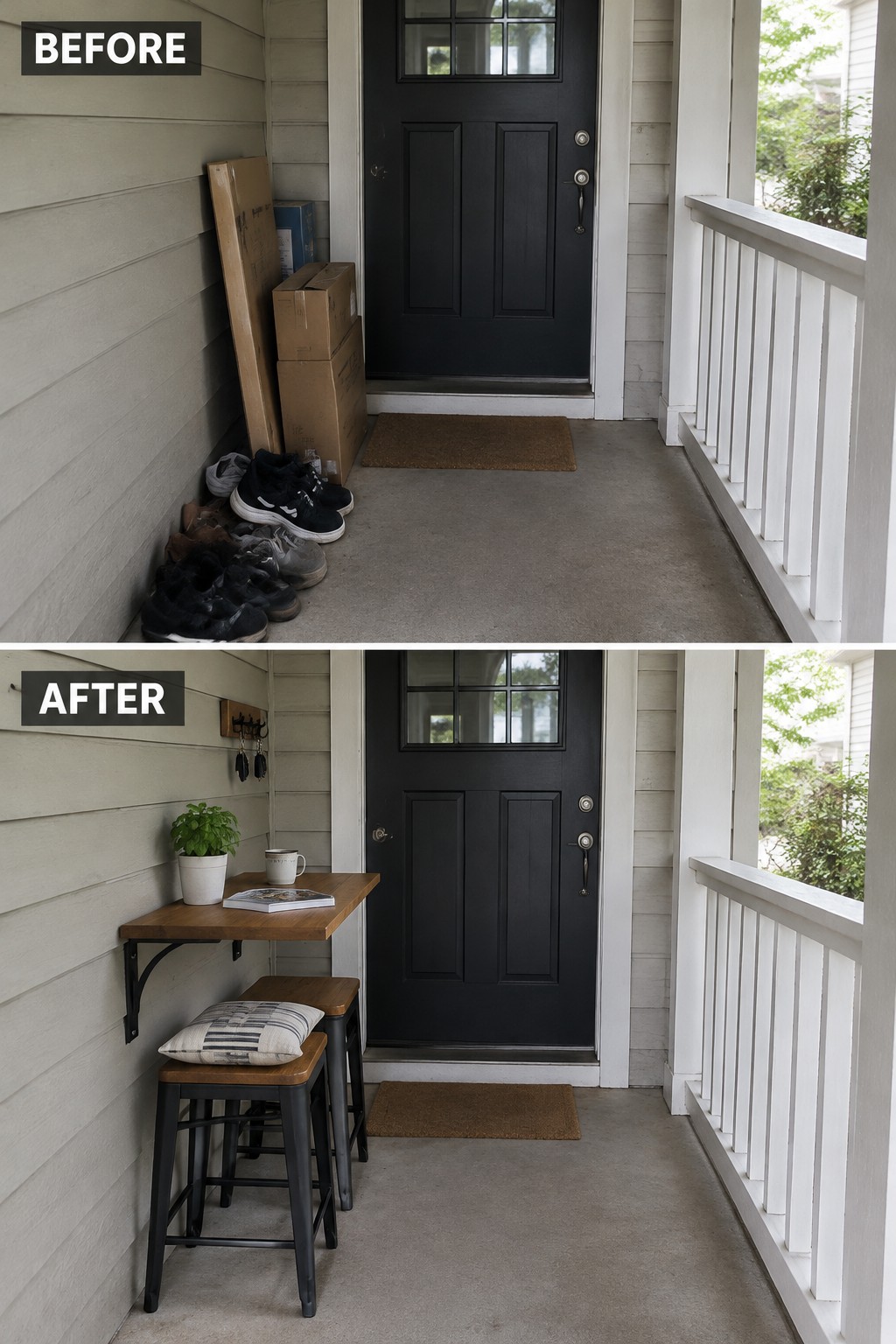 Before-and-after image of a narrow front porch changed from cluttered with boxes and shoes to organized with a wall-mounted table, stools, plant, and key hooks.