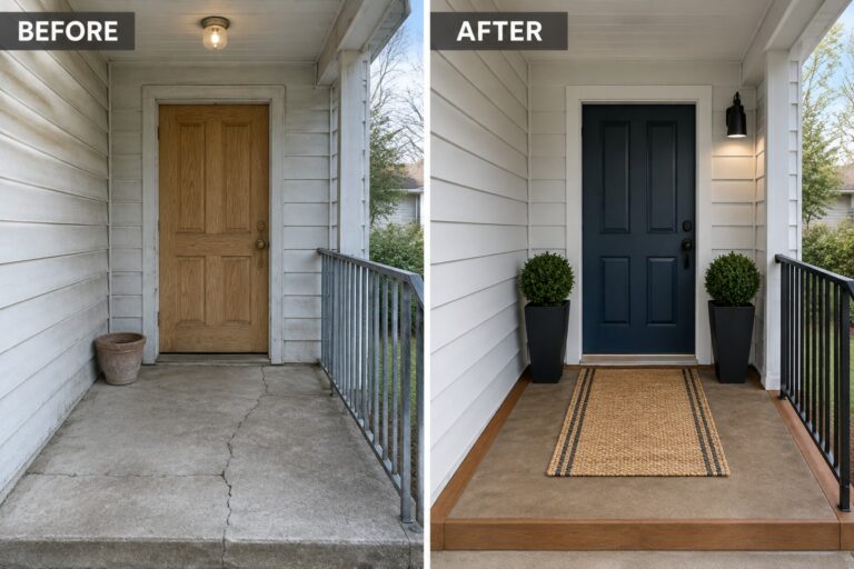22 Practical Narrow Front Porch Ideas Designed for Compact Landings Before-and-after image of a plain front porch transformed with a navy door, two planters, a striped rug, and new wall lighting.