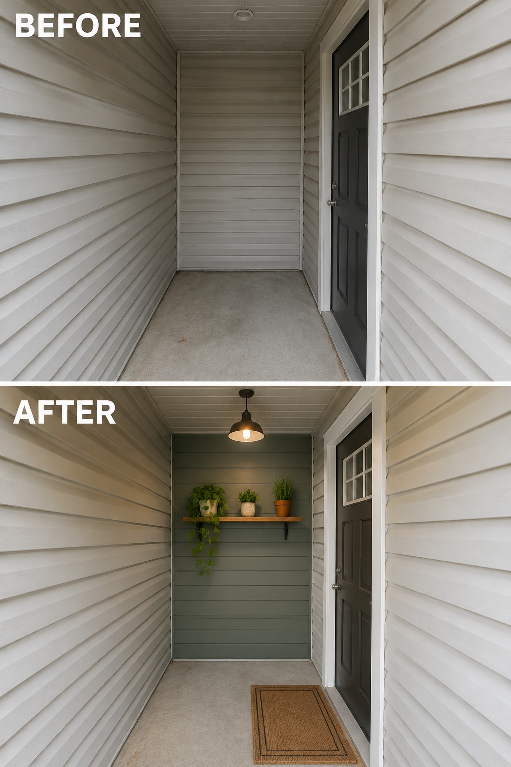 Before-and-after image of a narrow entry porch updated with a painted accent wall, floating shelf with plants, pendant light, and doormat.