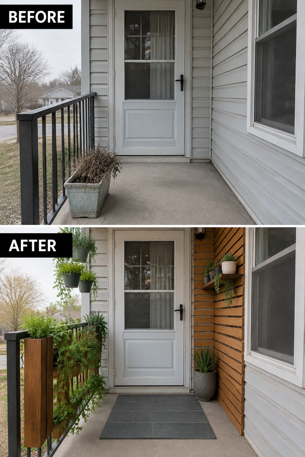 Before and after porch renovation with added plants, wood accents, and stone mat.