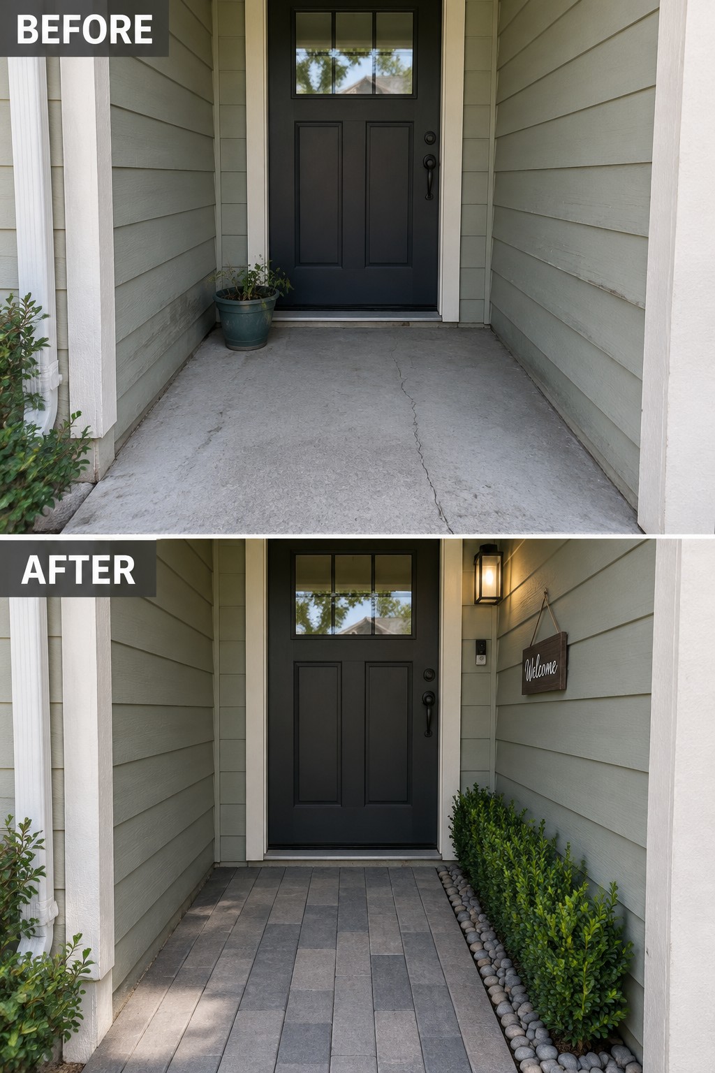 Before and after of a black door porch with new pavers, plants and lighting.