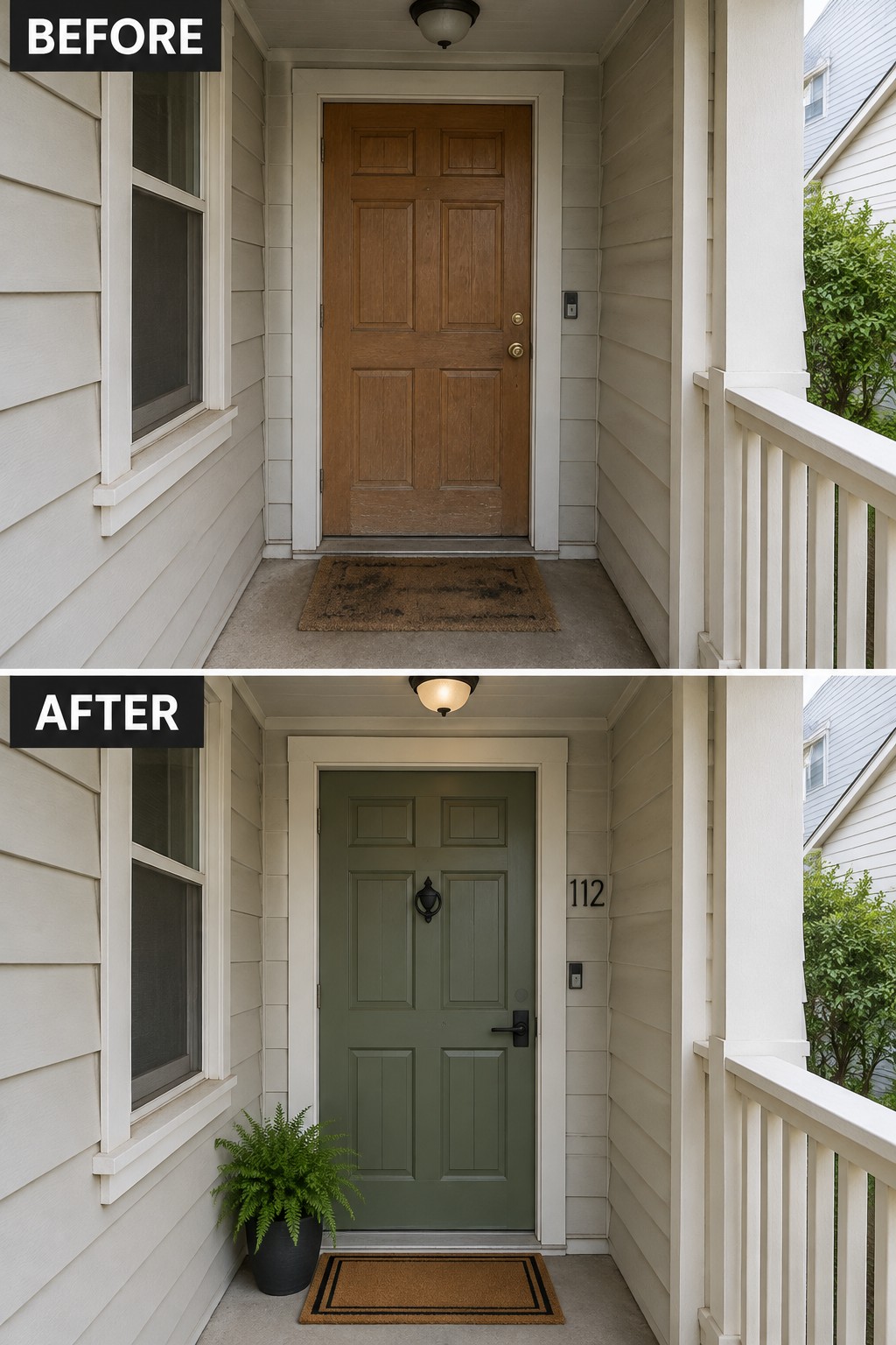 Before-and-after image of a front porch entry with a brown wooden door changed to a painted green door with new hardware, house number, and a potted plant.