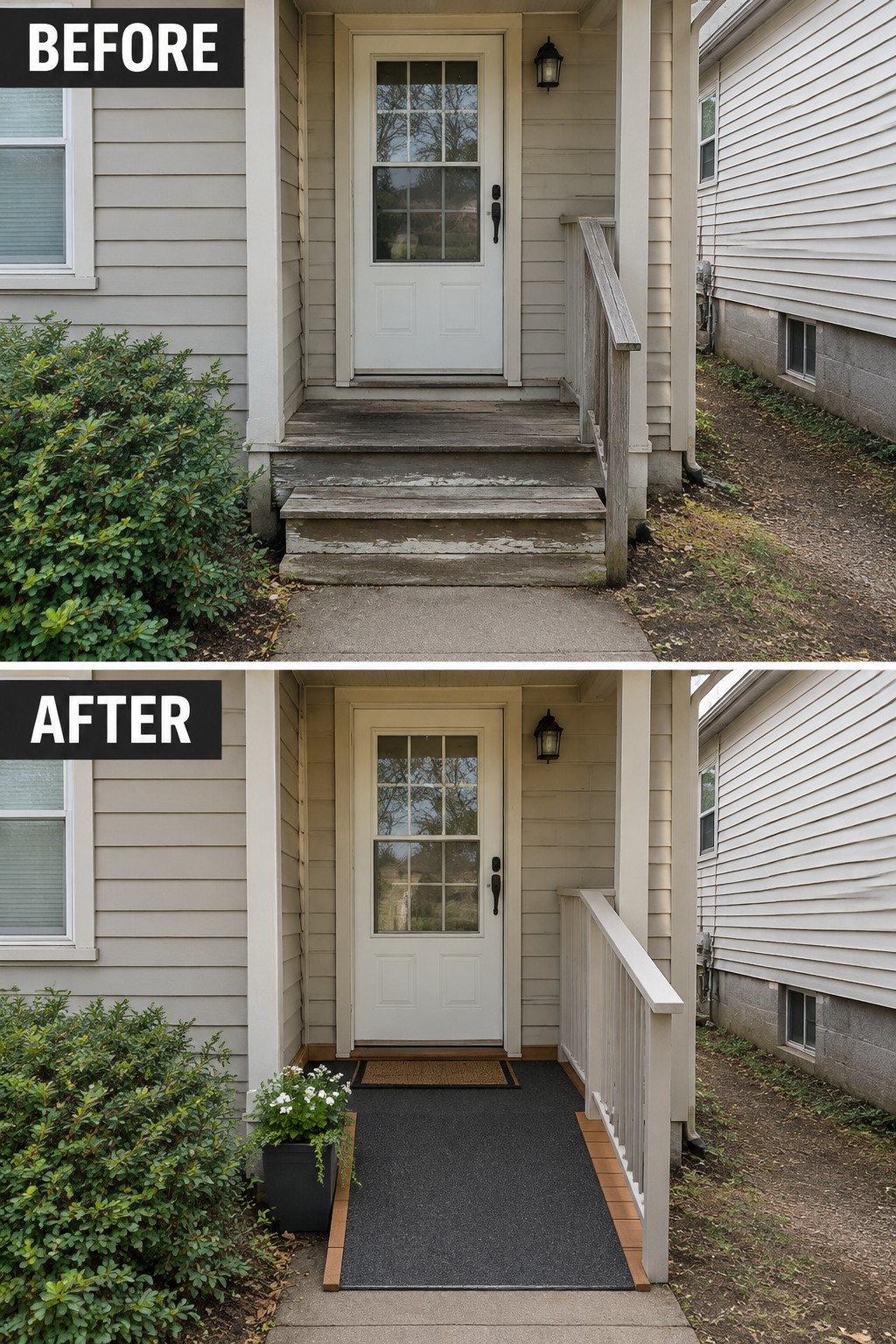 Before and after porch with white door, painted railing, mat, and potted plant