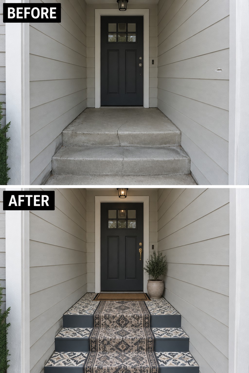 Before-and-after image of a narrow front porch showing bare cracked concrete steps changed to patterned tile with a runner rug and one potted plant.