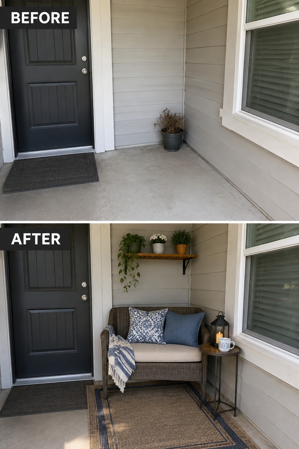 Before empty porch and after with wicker loveseat, plant shelf, and rug
