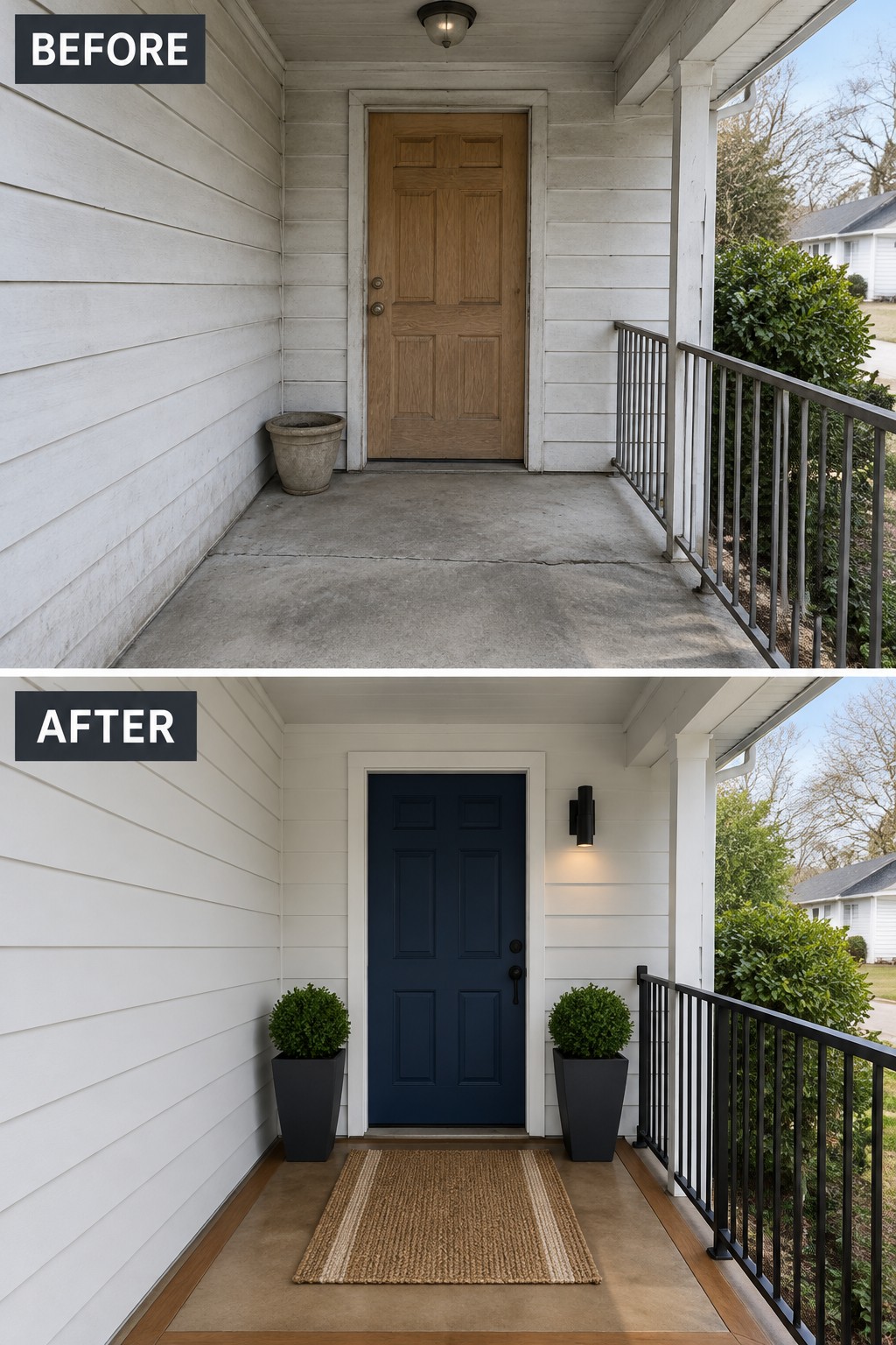 Before-and-after image of a plain front porch transformed with a navy door, two planters, a striped rug, and new wall lighting.