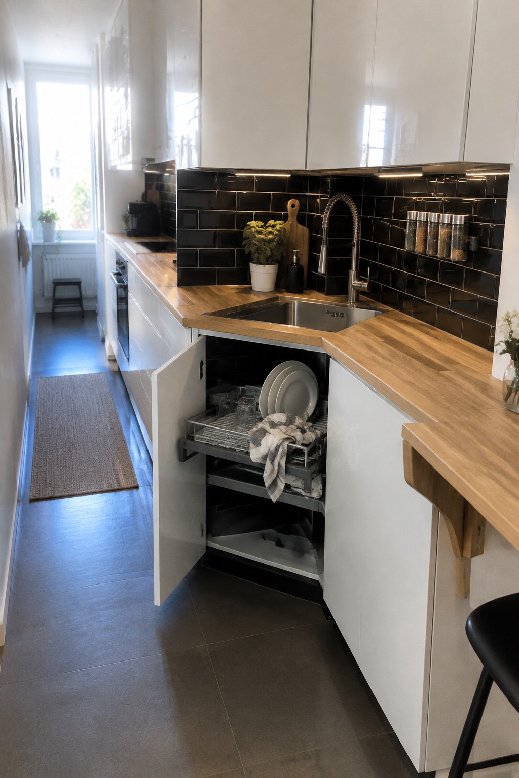 A corner sink sits above an open cabinet with a pull-out dish rack holding plates and glasses.