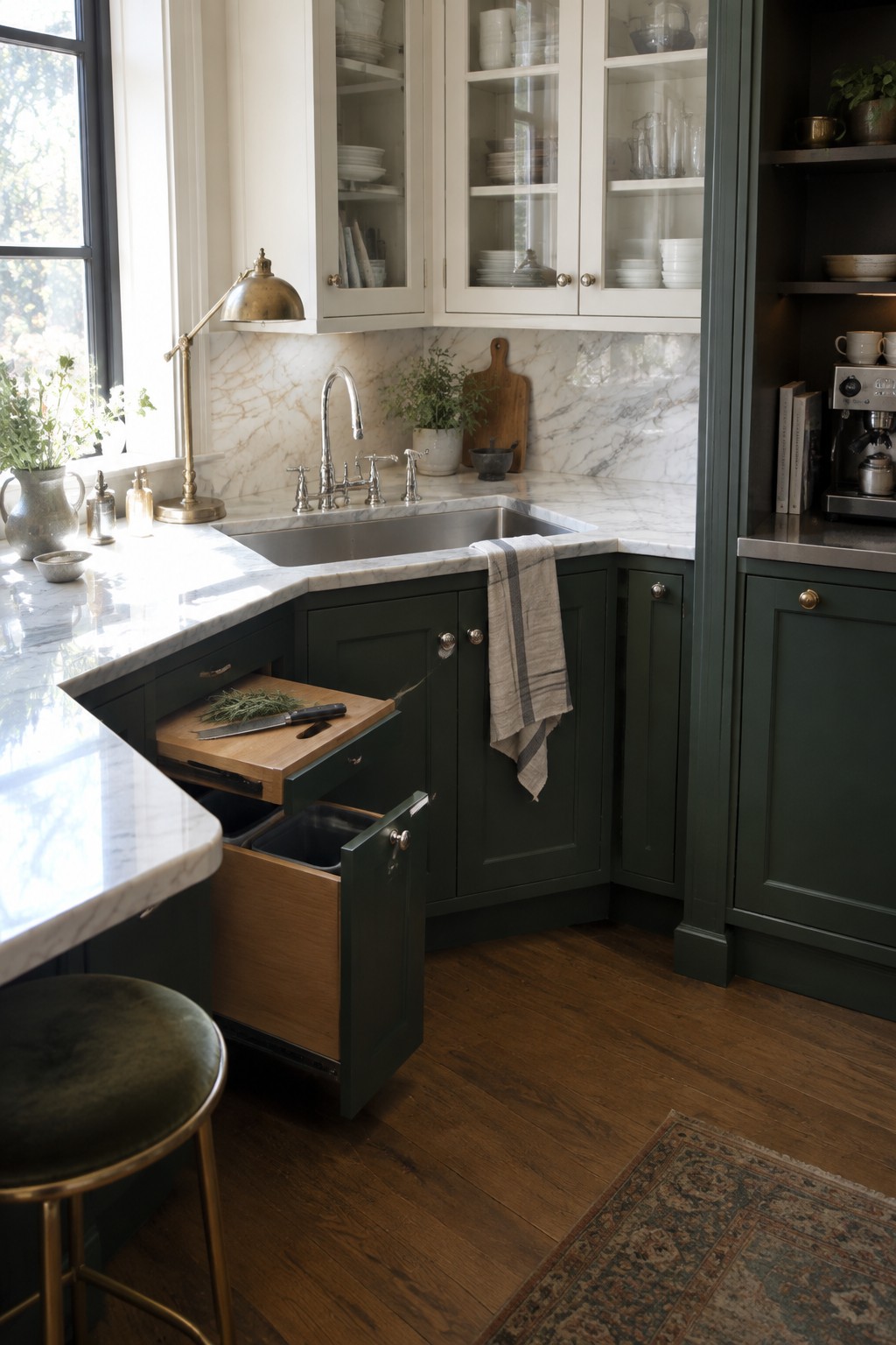 A wooden pullout cutting board extends from a dark green cabinet beside a corner sink.