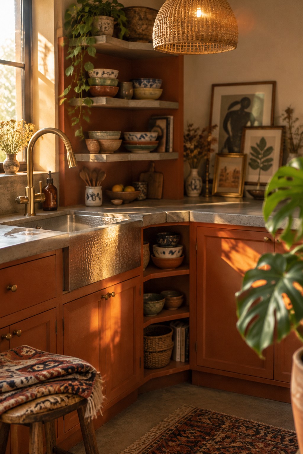 A stainless steel sink is set into a stone countertop at the corner of a kitchen with terracotta cabinets.